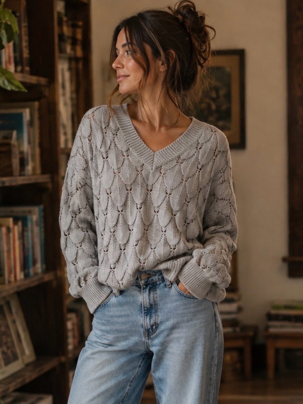 Gray Openwork Scallop Knit V Neck Sweater Textured Relaxed Medium